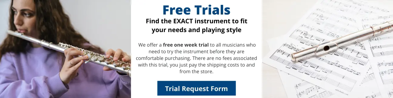 Graphic explaining free flute trials at Flute Specialists